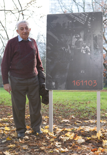 Henryk Zvi Frank next to his photo panel in the'park adjoining the I.G. Farben Building, 2008'© Jessica Schäfer